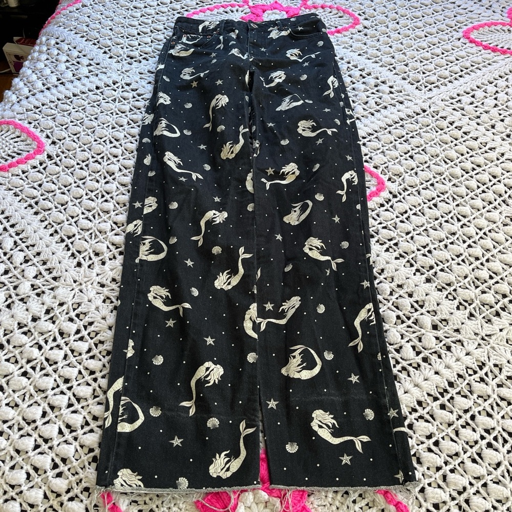 Zara Black Wide-Leg Jeans with Cream Mermaid & Star Print